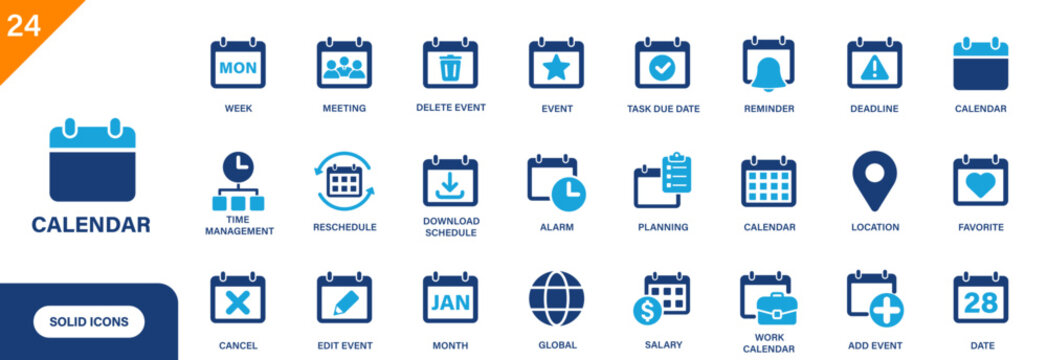 Calendar icon. Including time management, salary, events, reminders, deadlines. Solid vector icon set.
