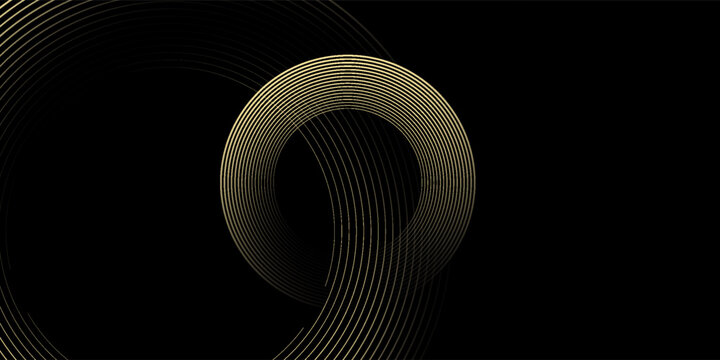 Abstract circle wave lines, gradient light equalizer gold wavy curve. Round frame in luxury golden color isolated on black background. Editable stroke. Vector illustration with copy space