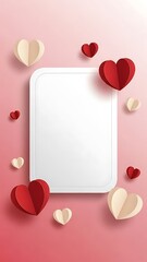Blank white frame surrounded by red and cream paper hearts on a pink gradient background, valentine day