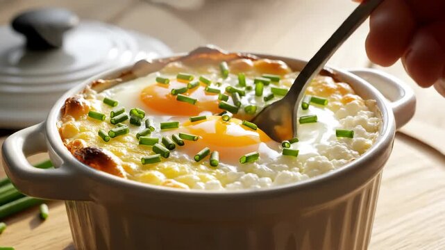 Baked egg dish with chives overhead view on wooden surface