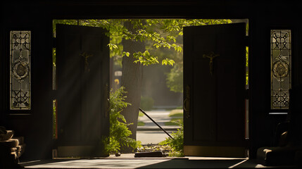 Open Church Doors Reveal a Sunlit Path with Dramatic Light Rays, Symbolizing Spiritual Awakening, Peace, and a Welcoming Sanctuary.