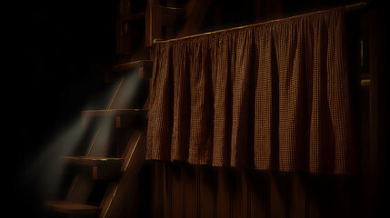 Moody attic interior featuring a wooden staircase with cinematic light beams and a checkered curtain against a dark background.