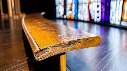Detail of a handcrafted curved wooden bench inside a modern church with vibrant stained glass windows in the background.