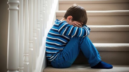 A Young boy sitting on the stairs with his face buried in his hands, expressing sadness and solitude. Fighting depression.
