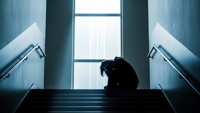 A person sitting in despair on a staircase, with their head bowed in sorrow and looking into the dark and bleak