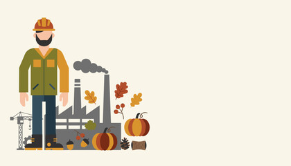 Industrial worker and factory illustration combined with fall seasonal icons pumpkins leaves acorn Copy space © Vectorzone
