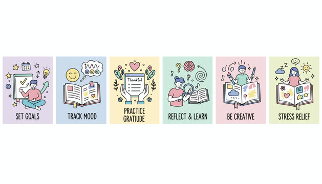 Cute doodle illustration set of 6 mental wellness habits goal setting gratitude mood tracking learning creativity and relief - Powered by Adobe