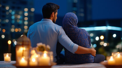 Muslim family breaking fast together faceless, evening of love connection and togetherness, surrounded by candlelight and gratitude, Ramadan iftar, defocused background, with copy 