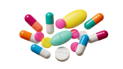 Vibrant Multi-Colored Pharmaceutical Pills, Capsules, and Tablets Floating Dynamically, Isolated on Transparent Background, Ideal for Healthcare and Wellness Designs.