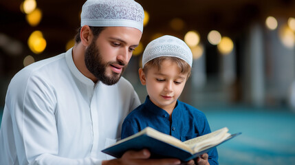 Father with son in mosque faceless, studying religious text for faith and belief together, family teaching moment, religious education, defocused background, with copy space