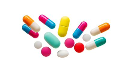 Vibrant Multi-Colored Pharmaceutical Pills, Capsules, and Tablets Floating Dynamically, Isolated on Transparent Background, Ideal for Healthcare and Wellness Designs.