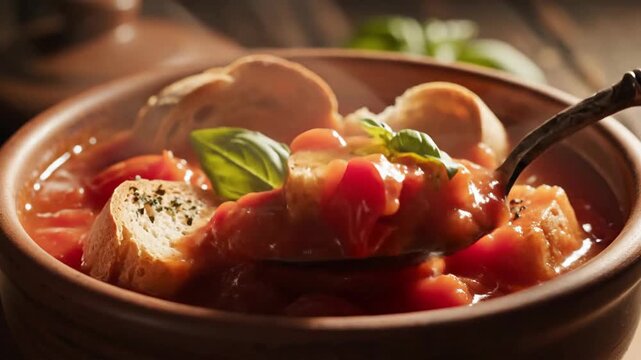 Close up of tomato soup with bread and basil