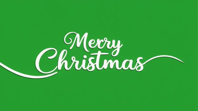 White elegant "Merry Christmas" text with decorative swashes on a vibrant green background, celebrating the holiday season.