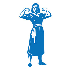 Fototapeta premium A strong woman flexing her muscles in a blue silhouette standing confidently alone
