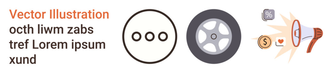 Obraz premium Marketing, communication, automotive design, advertising, branding, abstract icons. Visual elements include a circle with dots, a wheel and a megaphone. Marketing and communication concept
