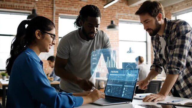 Team Collaboration on Payroll Data Analysis with Laptop