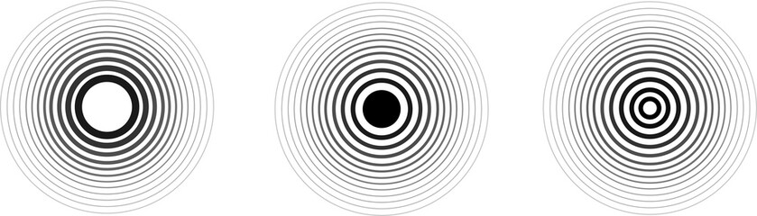 Obraz premium Abstract concentric circle patterns creating optical illusion effects. Black and white radial line designs with vibrating, hypnotic motion. Minimal geometric backgrounds suitable for modern art.
