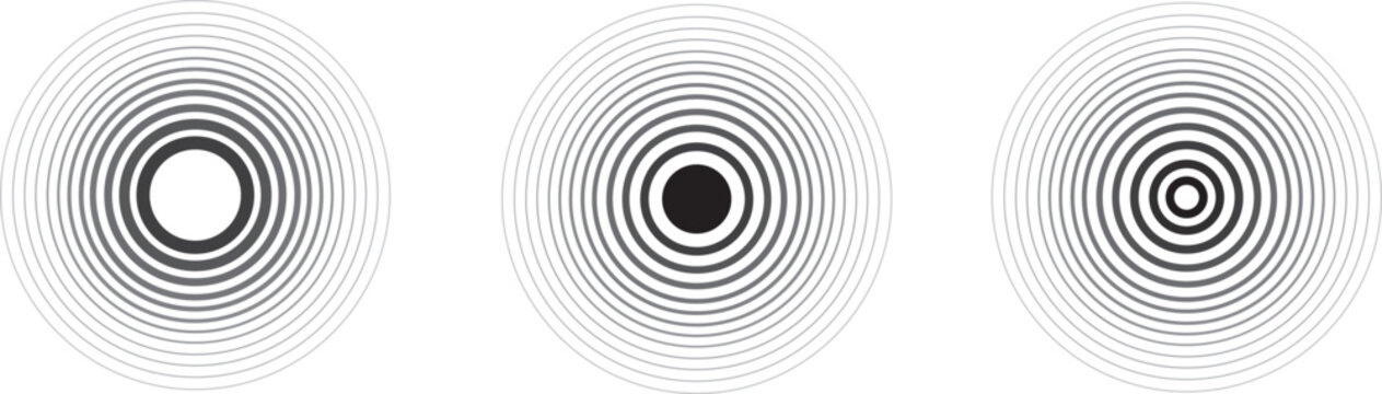Abstract concentric circle patterns creating optical illusion effects. Black and white radial line designs with vibrating, hypnotic motion. Minimal geometric backgrounds suitable for modern art.