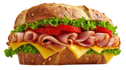 Ciabatta sandwich with lettuce, tomatoes prosciutto and cheese isolated on white background