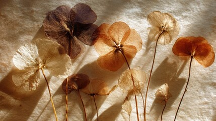 Fototapeta premium Pressed Flowers Arranged Artistically in Soft Light Creating a Natural and Delicate Display of Colors and Textures