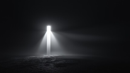 Mysterious bright light shining through a foggy dark room, creating a dramatic and hopeful atmosphere.