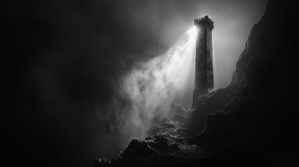 A dramatic black and white image of a lighthouse on a rocky cliff, its powerful beam cutting through dense fog and darkness, creating a mysterious and isolated atmosphere.