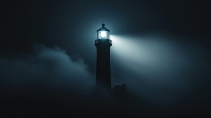 A tall lighthouse beam cutting through dense fog at night, providing guidance in the dark.