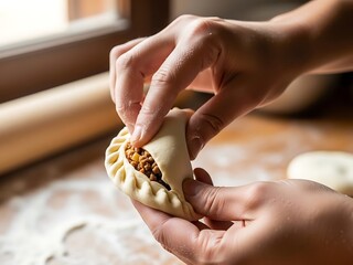 Culinary hands crafting a savory filled pastry with meticulous precision