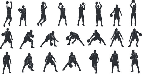  Basketball player silhouette poses collection, dynamic dribbling and shooting actions, sports training movements for athletic design, competitive game illustration elements, vector artwork © Fazlul