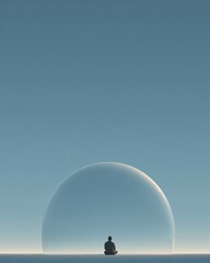 minimalist scene of a quiet meditating figure sitting before a translucent dome under soft blue sky, creating a calm, meditative background for relaxation and focus