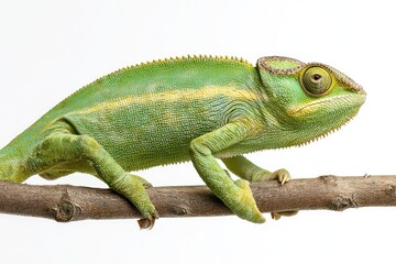 Obraz premium Green chameleon perched on a branch against a white background studio shot
