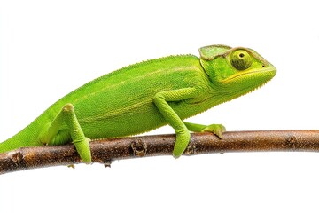 Obraz premium Green chameleon perched on a branch isolated against a clean white background