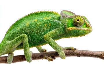 Obraz premium Green chameleon perched on a branch against a white background studio shot