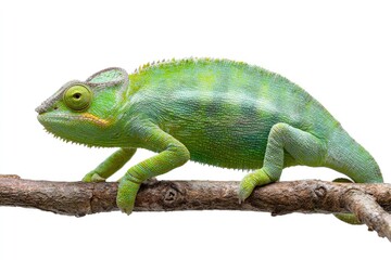 Obraz premium Green chameleon perched on a branch isolated against a white background
