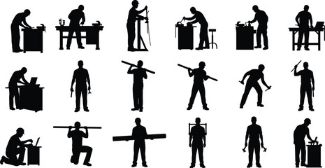  Construction worker silhouette collection with tools and equipment, labor tasks and carpentry actions, professional handyman poses for building, repair and industry vector illustration