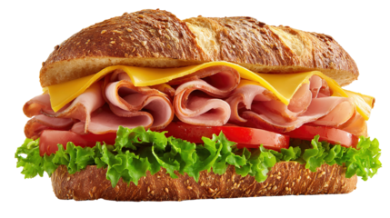 Ciabatta sandwich with lettuce, tomatoes prosciutto and cheese isolated on white background