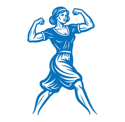 Fototapeta premium blue illustration of a strong woman flexing her muscles in a dress powerful female symbol