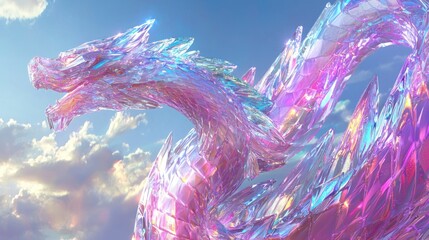 A majestic crystal dragon with iridescent scales of pink, purple, and blue, soaring through a cloudy sky.
