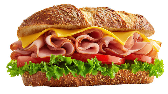 Ciabatta sandwich with lettuce, tomatoes prosciutto and cheese isolated on white background - Powered by Adobe