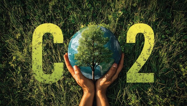 Hands holding earth with tree graphic depicting co 2 emission concept
