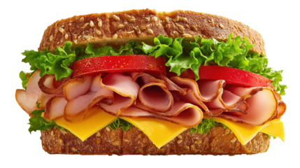 Ciabatta sandwich with lettuce, tomatoes prosciutto and cheese isolated on white background