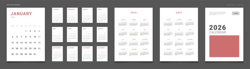 2026 Calendar Planner Set of Template Monthly Pages, Cover with Place for Photo, Company Logo, Annual 2026, 2027. Vector layout grid vertical of wall or desk organizer Week start Monday. Page A4 print