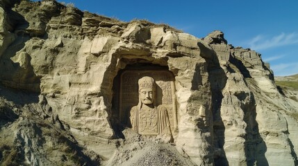A detailed view of a large ancient rock carving of a king or noble figure embedded in a rugged cliff face under a clear sky.