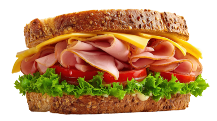 Ciabatta sandwich with lettuce, tomatoes prosciutto and cheese isolated on white background