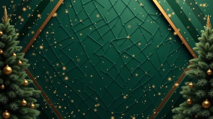 Christmas Tree with Gold Ornaments on Deep Green Textured Background Festive Holiday Banner for New Year_1