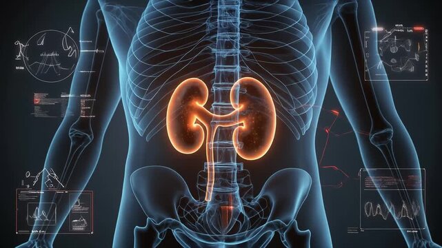 Anatomical illustration of the human urinary system, highlighting the kidneys and ureters within a skeletal and muscular outline.