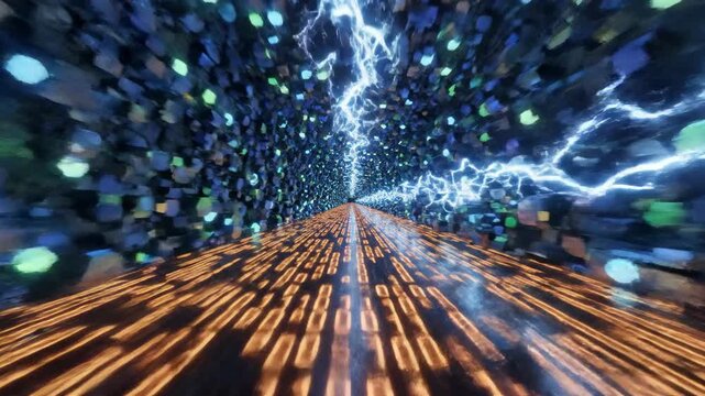 Abstract Digital Tunnel with Binary Code and Lightning Strikes.