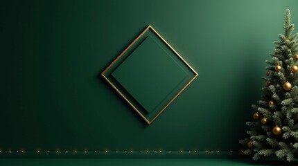 Luxury Emerald Green Christmas Interior with Gold Diamond Frame and Fir Trees Minimalist New Year Background_4