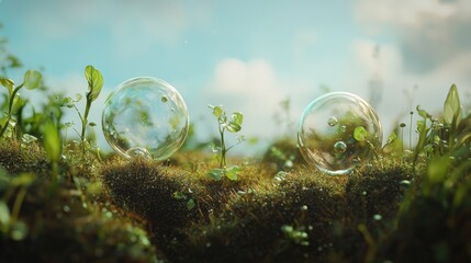 Two clear bubbles gently resting on vibrant green moss and tiny plants under a soft blue sky.