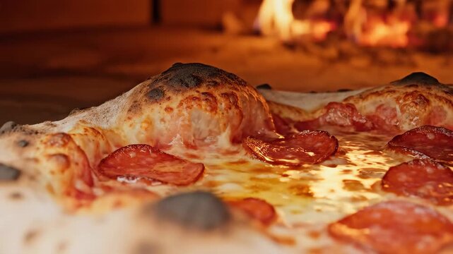 Pepperoni pizza baking in a wood fired oven photography